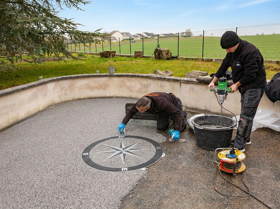 Sc&egrave;ne ext&eacute;rieure sur carrelage beige montrant un bac &agrave; peinture professionnel avec outils de peinture organis&eacute;s