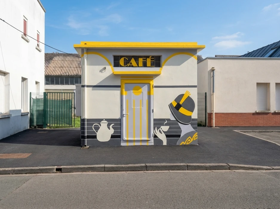 Intérieur résidentiel en cours de rénovation avec échelle de peintre positionnée devant fenêtres à persiennes